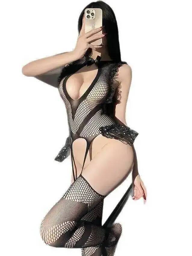 Bodystocking Fishnet - Sexy Spitzenbesatz Fischnetz-Bodystocking Netzstrümpfe Rückenfreier Po-Exponierer