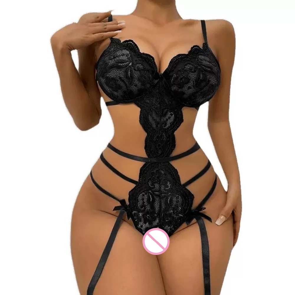 Lace Teddy Lingerie - Sexy Spitzen-Teddy-Bodysuit mit offenem Schritt, Strumpfhaltern