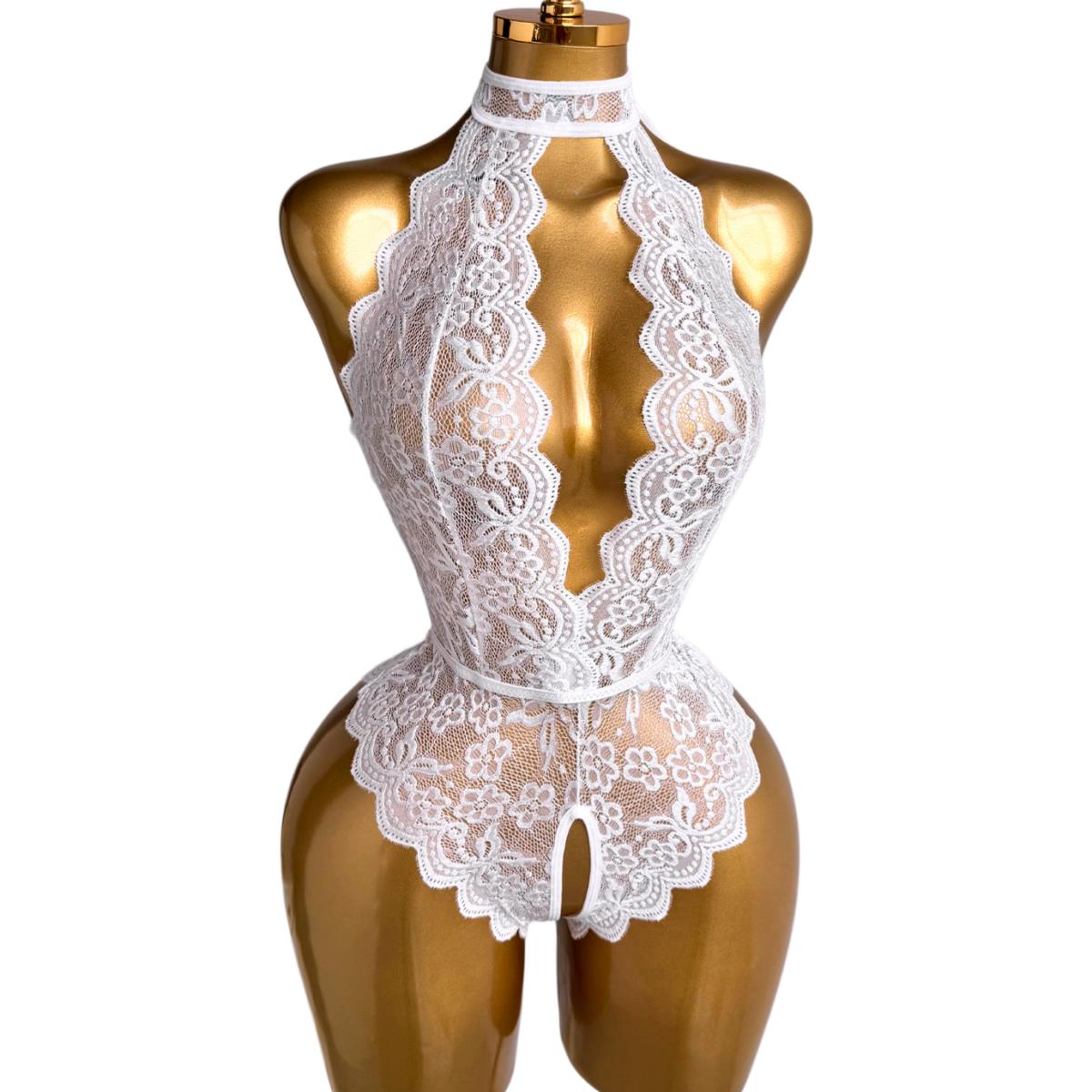 Lace Teddy Lingerie - Weiße Neckholder-Dessous mit floraler Spitze für