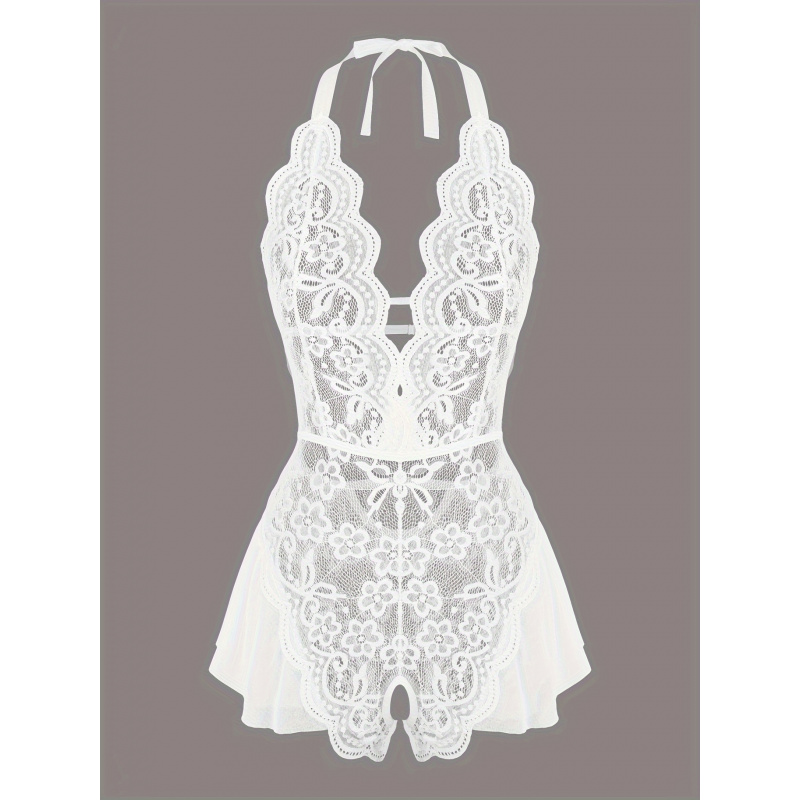 Lace Teddy Lingerie - Bezaubernder Spitzen-Mesh-Teddy, Neckholder-Body mit gewelltem Saum