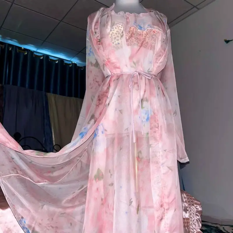 Robe Silk Women - Rosa Seide bedrucktes durchsichtiges Straps-Nachthemd-Set, gerüschtes