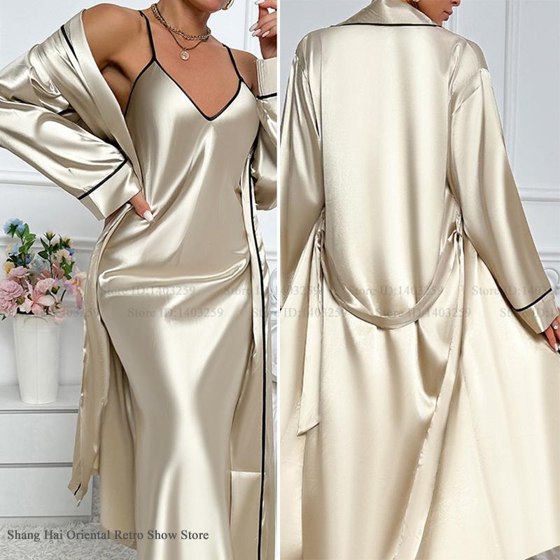 Robe Silk Women - Sexy Lange Twinset Robe Set Chemise