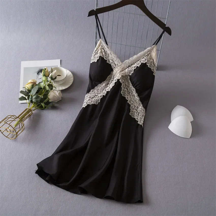 Babydoll Chemise Night - Damen Sexy Dessous Satin Nachthemd Seide